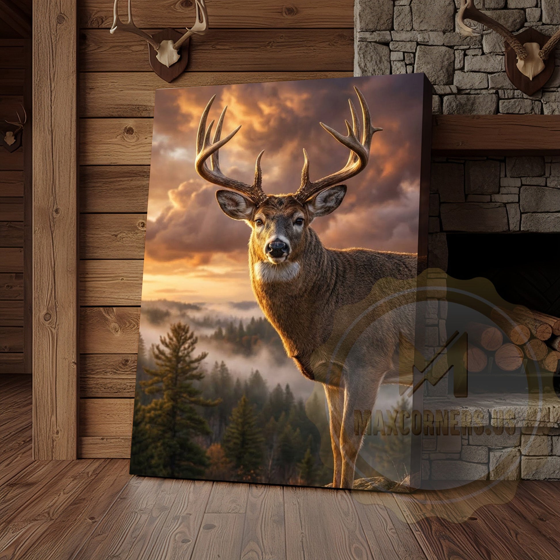 Deer Canvas Golden Hour Misty Mountain View Canvas Wall Art
