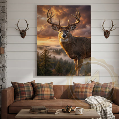Deer Canvas Golden Hour Misty Mountain View Canvas Wall Art