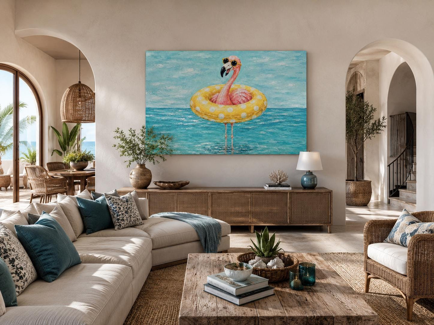 Funny Flamingo With Pool Float And Sunglasses Wall Art - Whimsical Coastal Wall Decor for Beach House