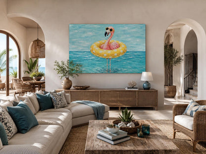 Funny Flamingo With Pool Float And Sunglasses Wall Art - Whimsical Coastal Wall Decor for Beach House