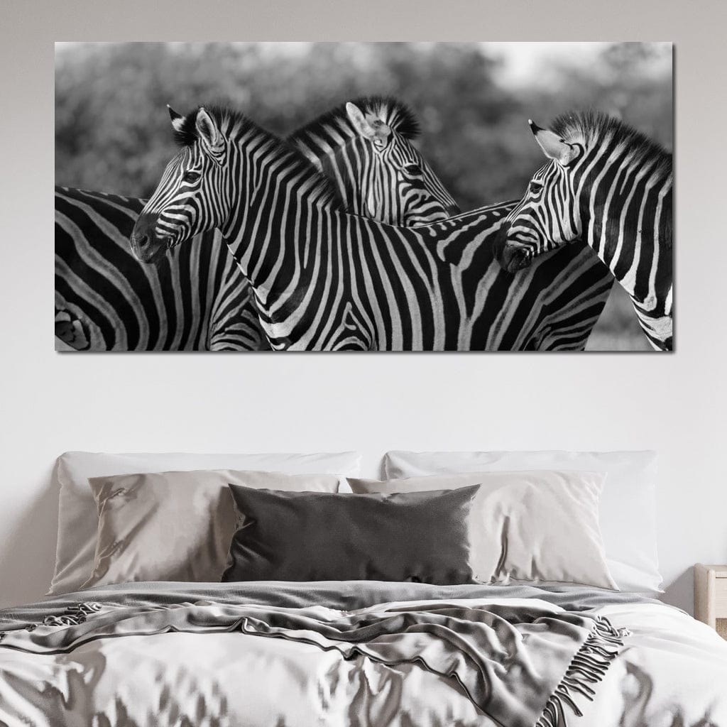 Zebra Herd in Black & White Canvas Wall Art