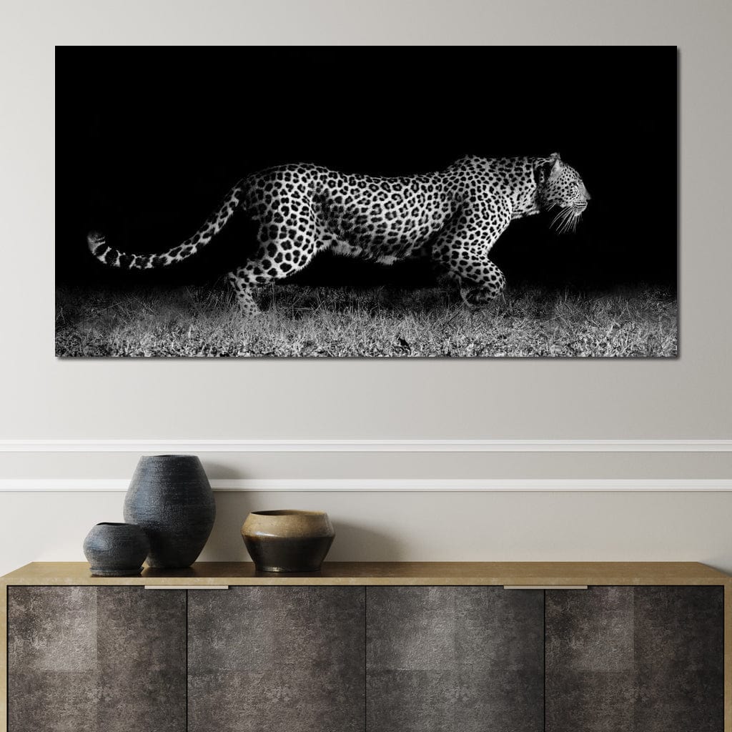 Black and White Jaguar Running Canvas Wall Art