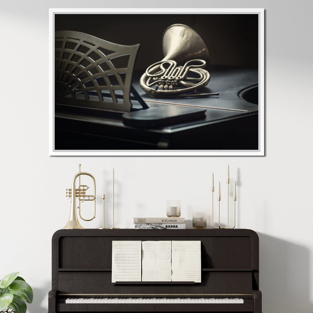French Horn on the Grand Piano Canvas Wall Art