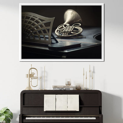 French Horn on the Grand Piano Canvas Wall Art