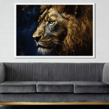 Golden Lion on Blue Background Canvas Wall Art