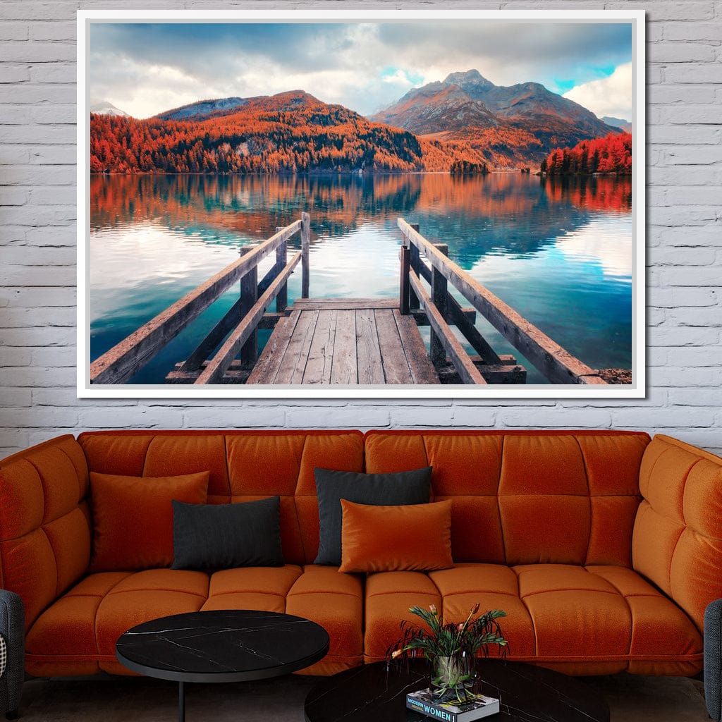 Wooden Pier on Autumn lake Sils Canvas Wall Art
