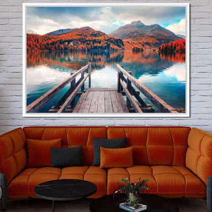 Wooden Pier on Autumn lake Sils Canvas Wall Art