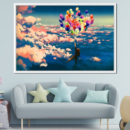 Flying with Colorful Balloons Canvas Wall Art