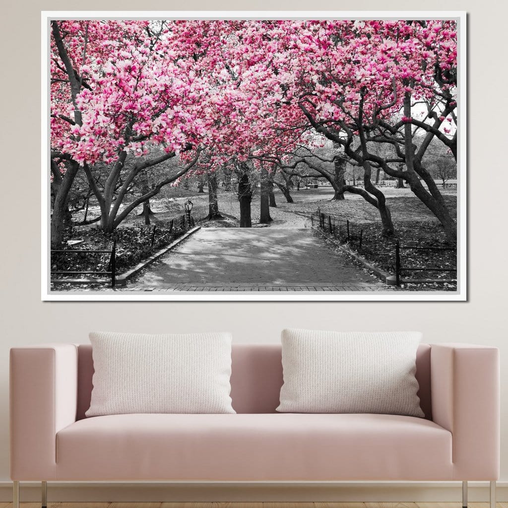 Pink Blossoms in Black and White Canvas Wall Art