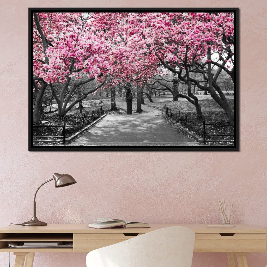Pink Blossoms in Black and White Canvas Wall Art