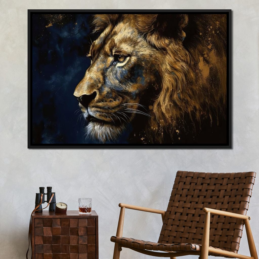 Golden Lion on Blue Background Canvas Wall Art