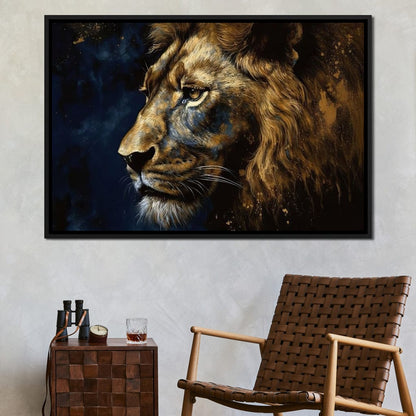 Golden Lion on Blue Background Canvas Wall Art