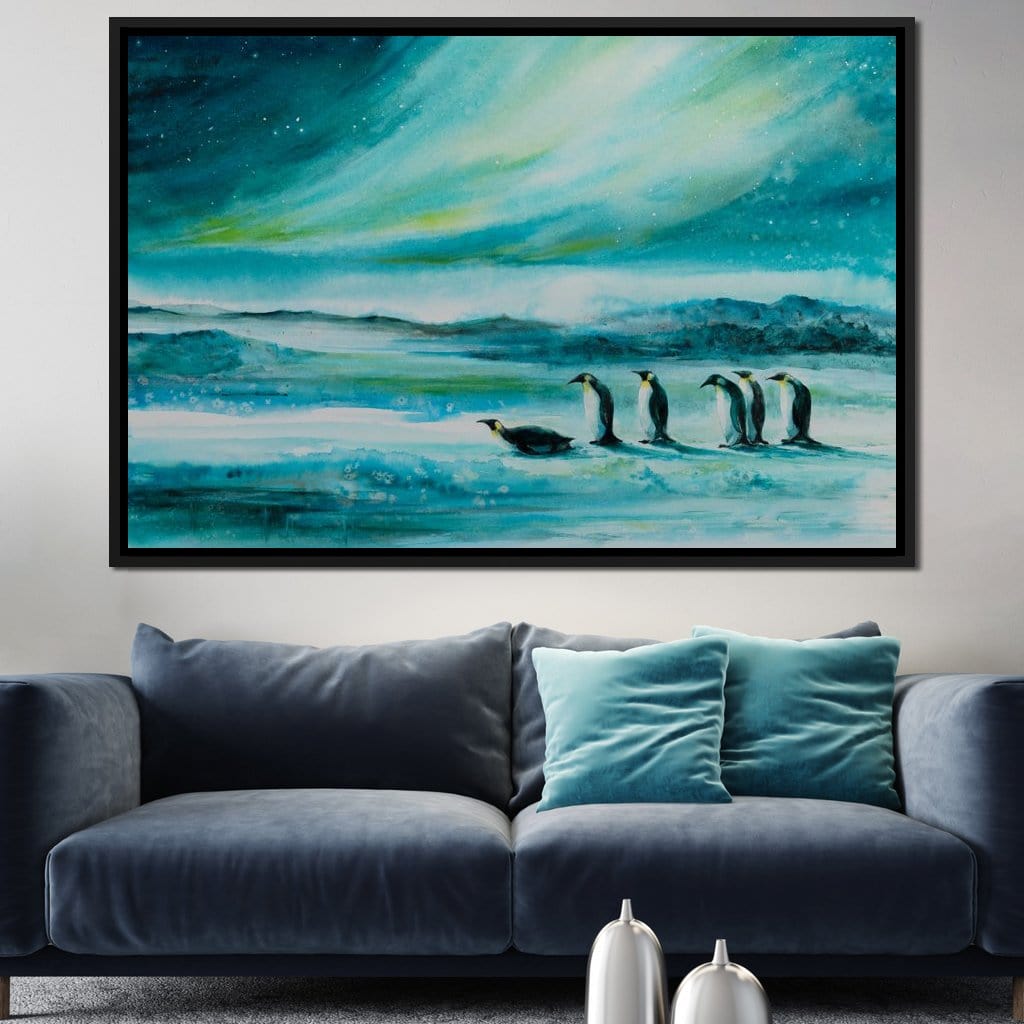 Penguins Under the Aurora Borealis Canvas Wall Art