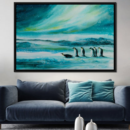 Penguins Under the Aurora Borealis Canvas Wall Art