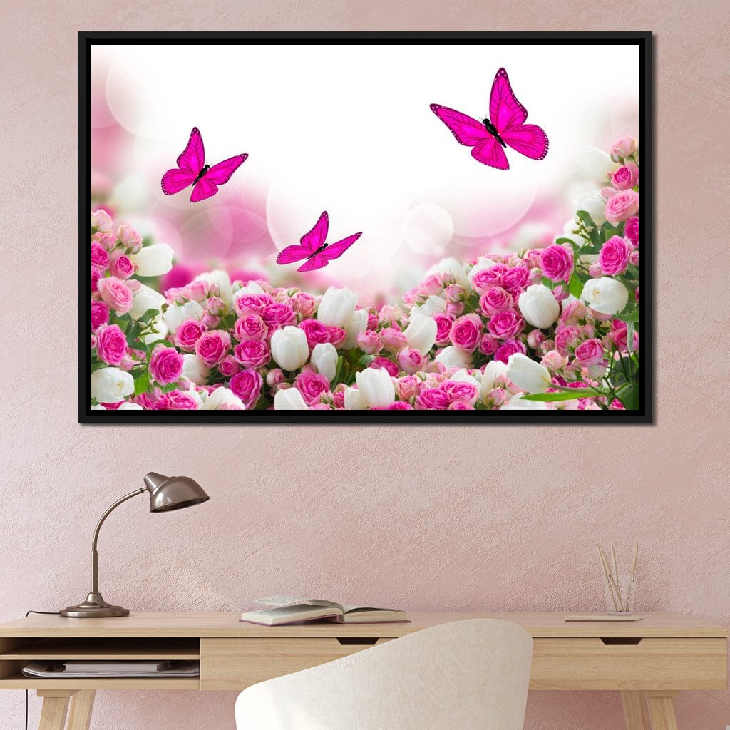 Pink Roses & Butterflies Canvas Wall Art