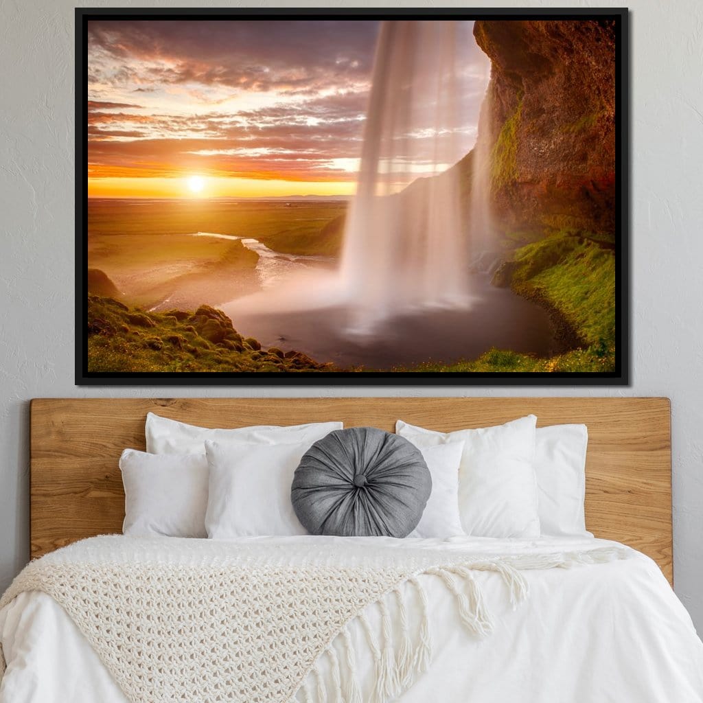 Sunset over Seljalandsfoss Waterfall Canvas Wall Art