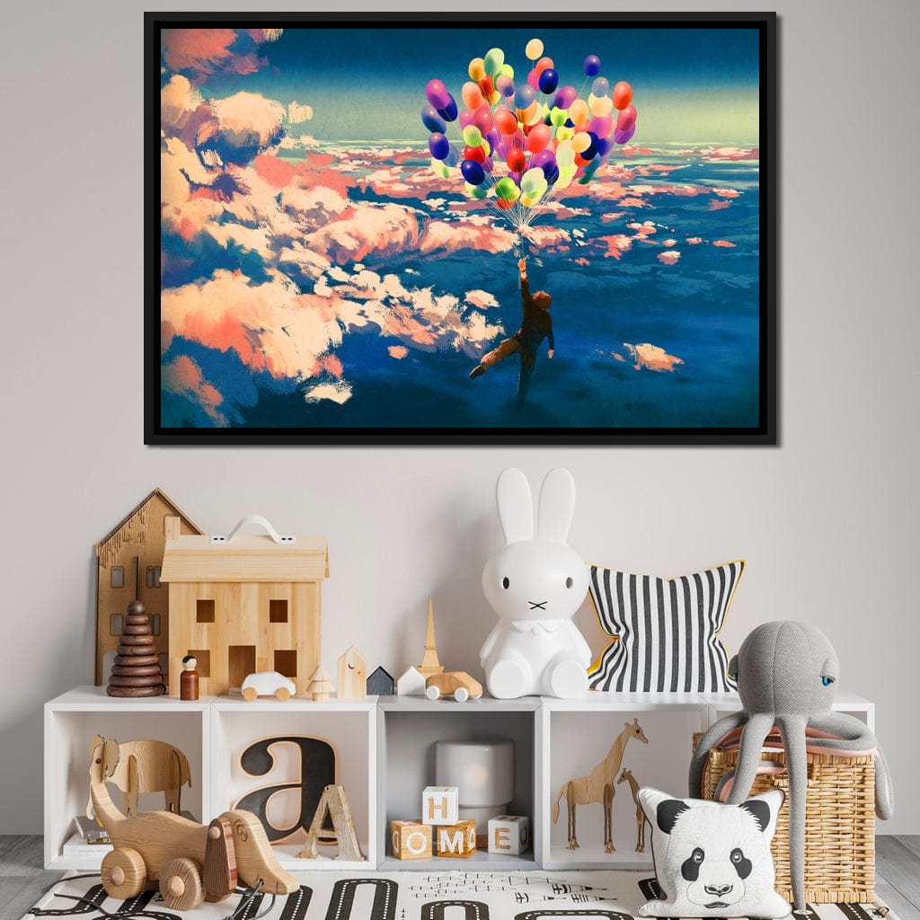 Flying with Colorful Balloons Canvas Wall Art