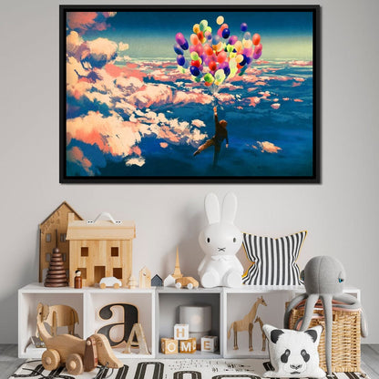 Flying with Colorful Balloons Canvas Wall Art