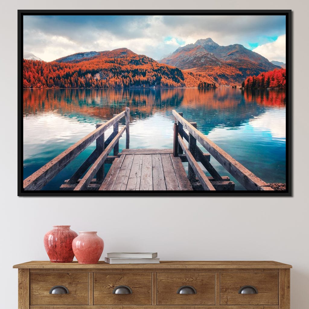 Wooden Pier on Autumn lake Sils Canvas Wall Art