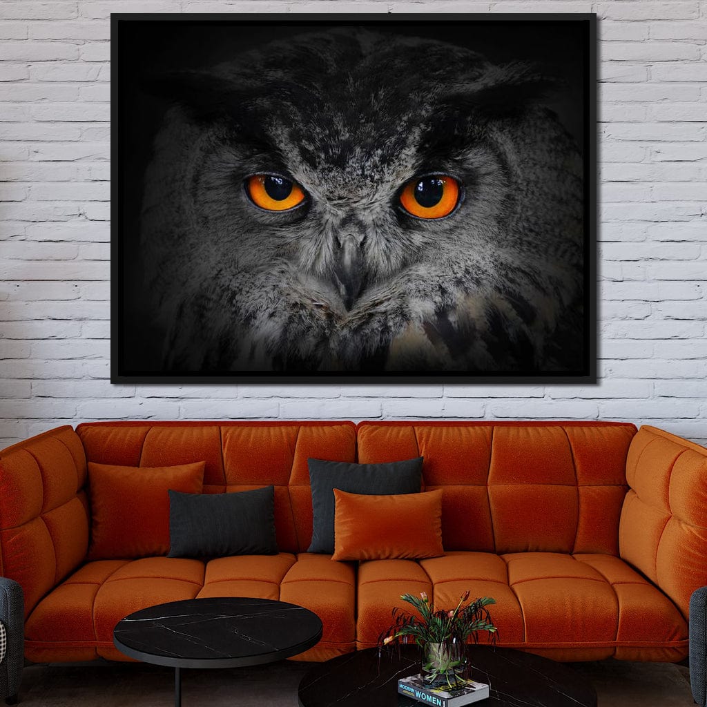 Black & White Owl with Orange Eyes Canvas Wall Art