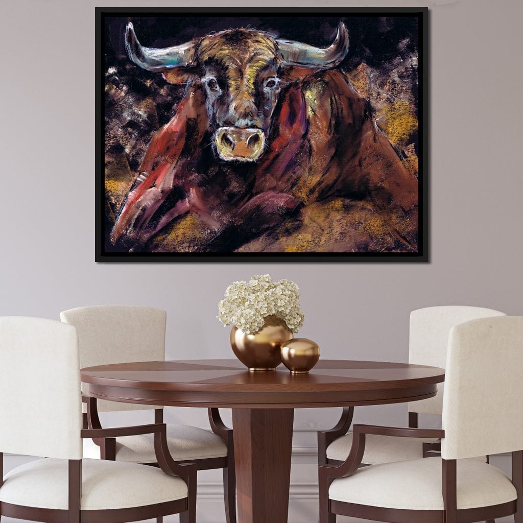 Brown Bull Charge Canvas Wall Art