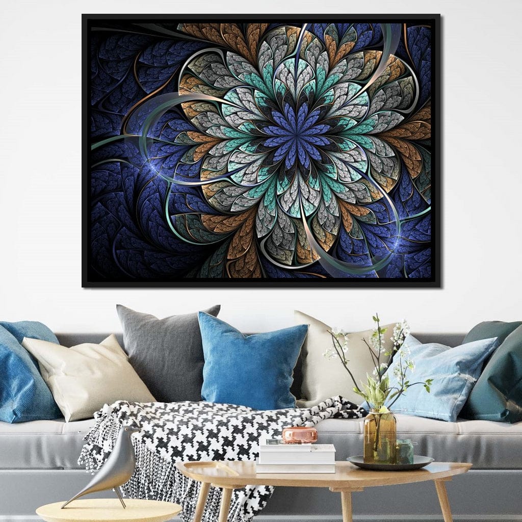 Blue and Gold Fractal Flower Canvas Wall Art