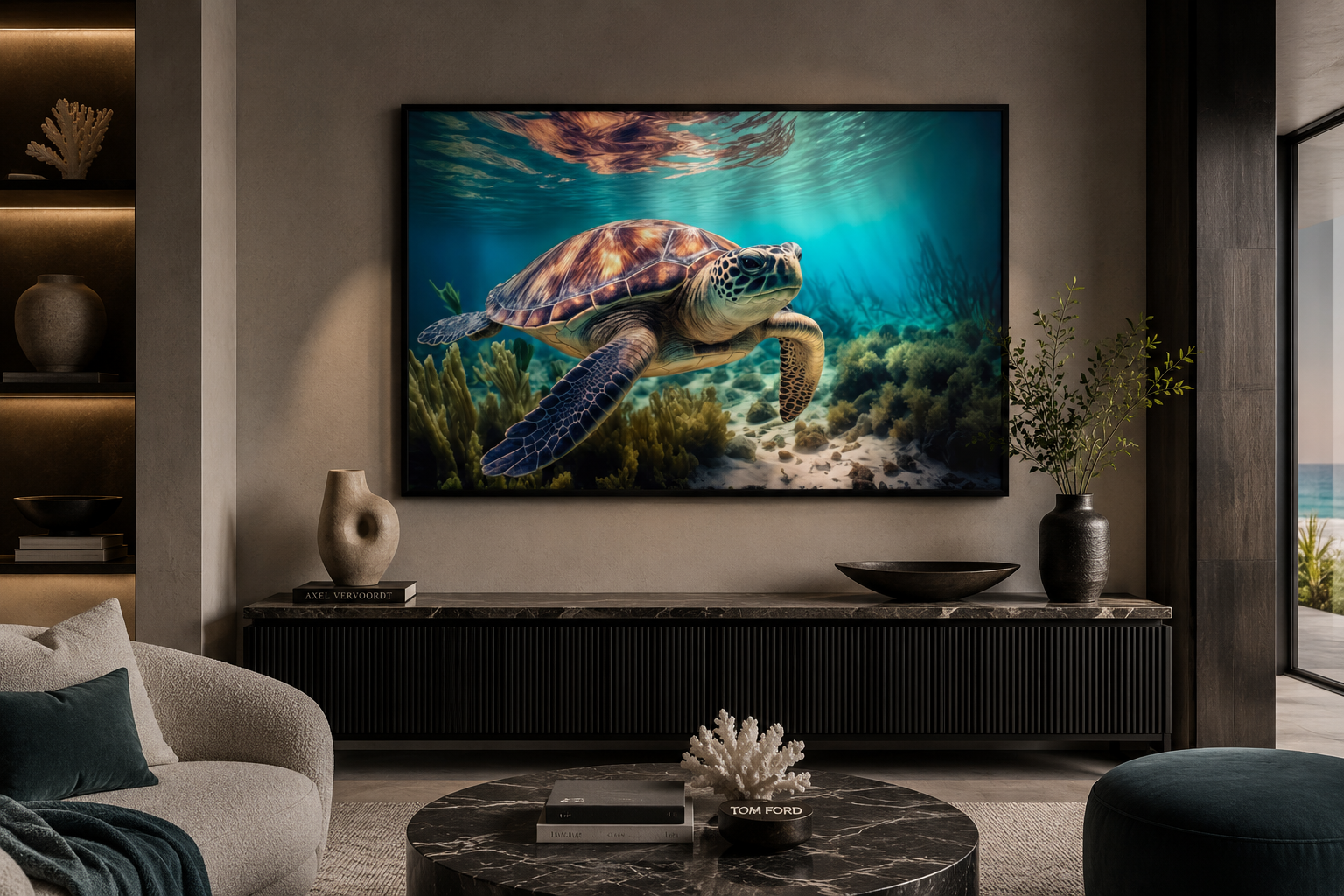 Sea Turtle In Coral Reef Underwater Canvas Wall Art
