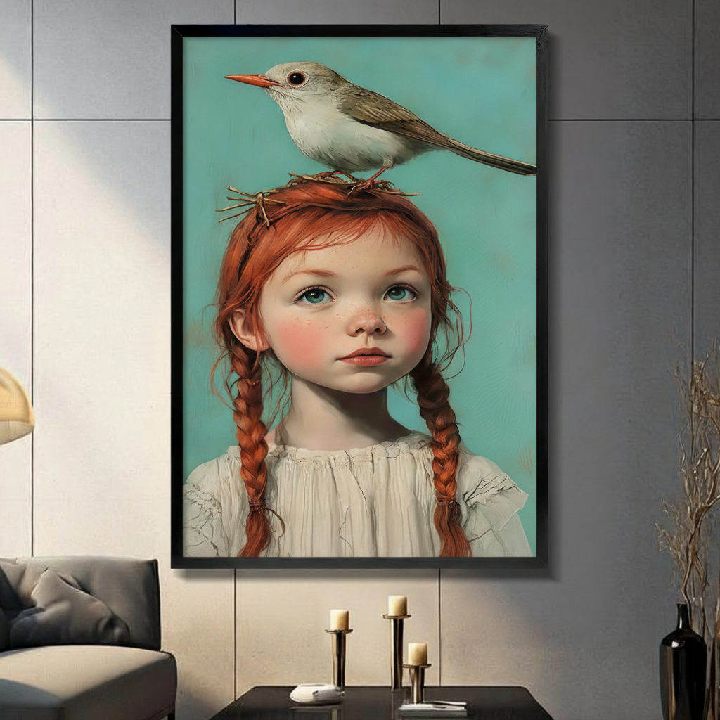 Girl With Bird Portrait Canvas Wall Art