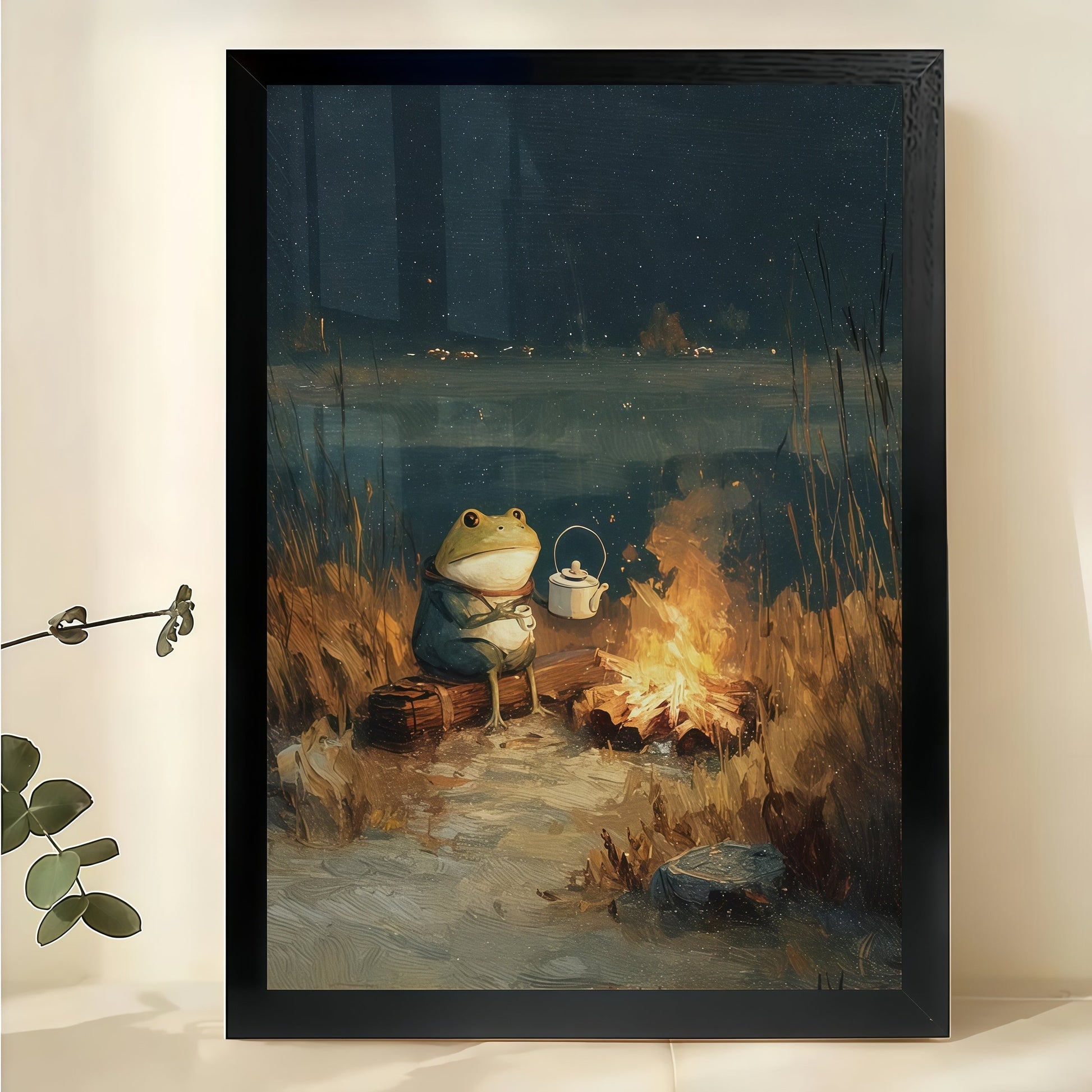 Frogs by Campfire in Night Forest – Cozy Fairy Tale Wall Art on Natural Wood Canvas