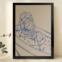 Dog in Bathtub – Vintage Sketch Bathroom Wall Art on Natural Wood Canvas