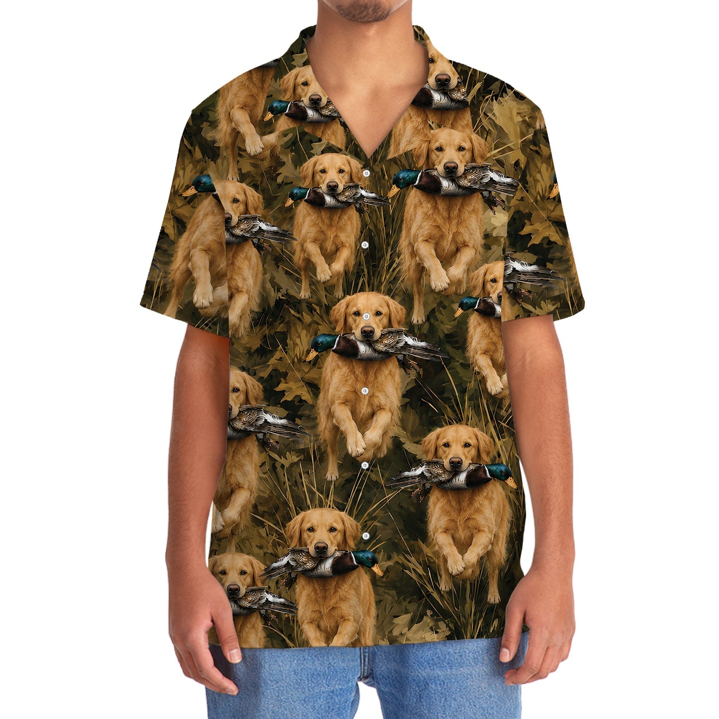 Camouflage Golden Retriever Running With Mallard Duck Hawaiian Shirt