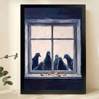 Pigeons at the Window Wall Art – Cozy Moody Bird Canvas Print on Natural Wood Frame