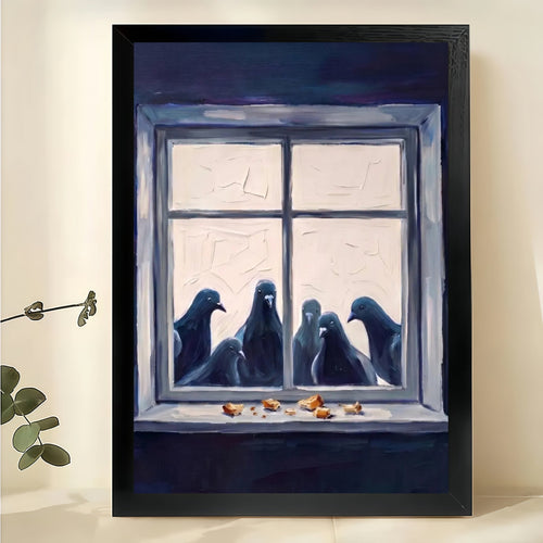 Pigeons at the Window Wall Art – Cozy Moody Bird Canvas Print on Natural Wood Frame
