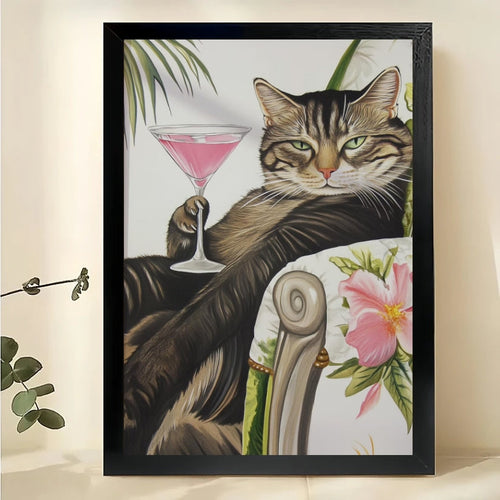 Tabby Cat with Martini Glass Wall Art – Whimsical Cat Canvas Print on Natural Wood Frame