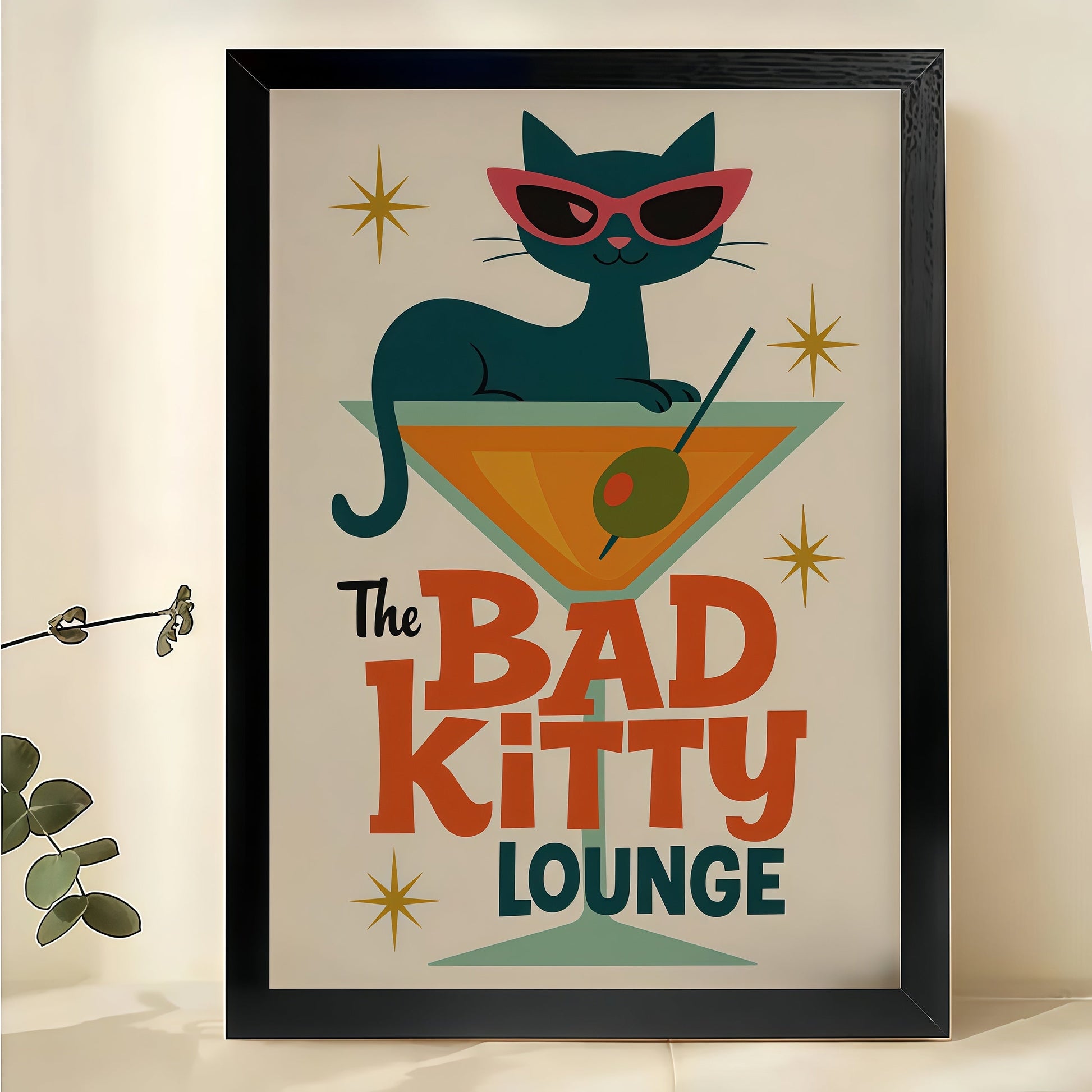 The Bad Kitty Lounge Retro Cat with Martini – Mid-Century Modern Wall Art on Natural Wood Canvas