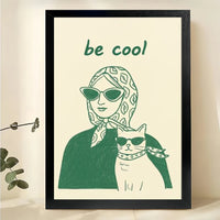 Be Cool Woman & Cat – Retro Cool Cat & Owner Wall Art on Natural Wood Canvas