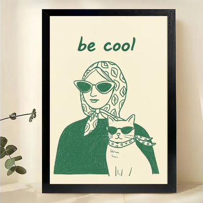 Be Cool Woman & Cat – Retro Cool Cat & Owner Wall Art on Natural Wood Canvas