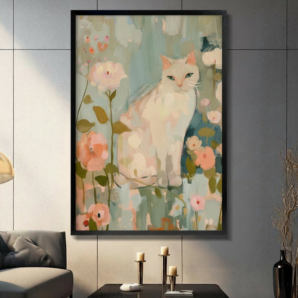 White Cat Floral Impressionist Canvas Wall Art
