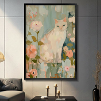 White Cat Floral Impressionist Canvas Wall Art