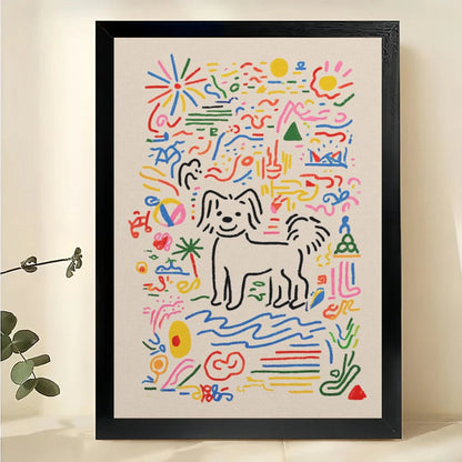 Colorful Doodle Dog Wall Art – Playful Abstract Dog Canvas Print on Black Wood Frame