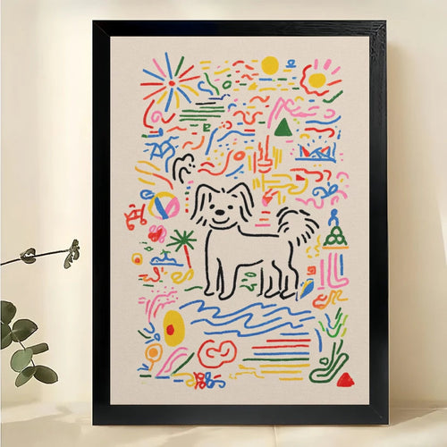 Colorful Doodle Dog Wall Art – Playful Abstract Dog Canvas Print on Black Wood Frame