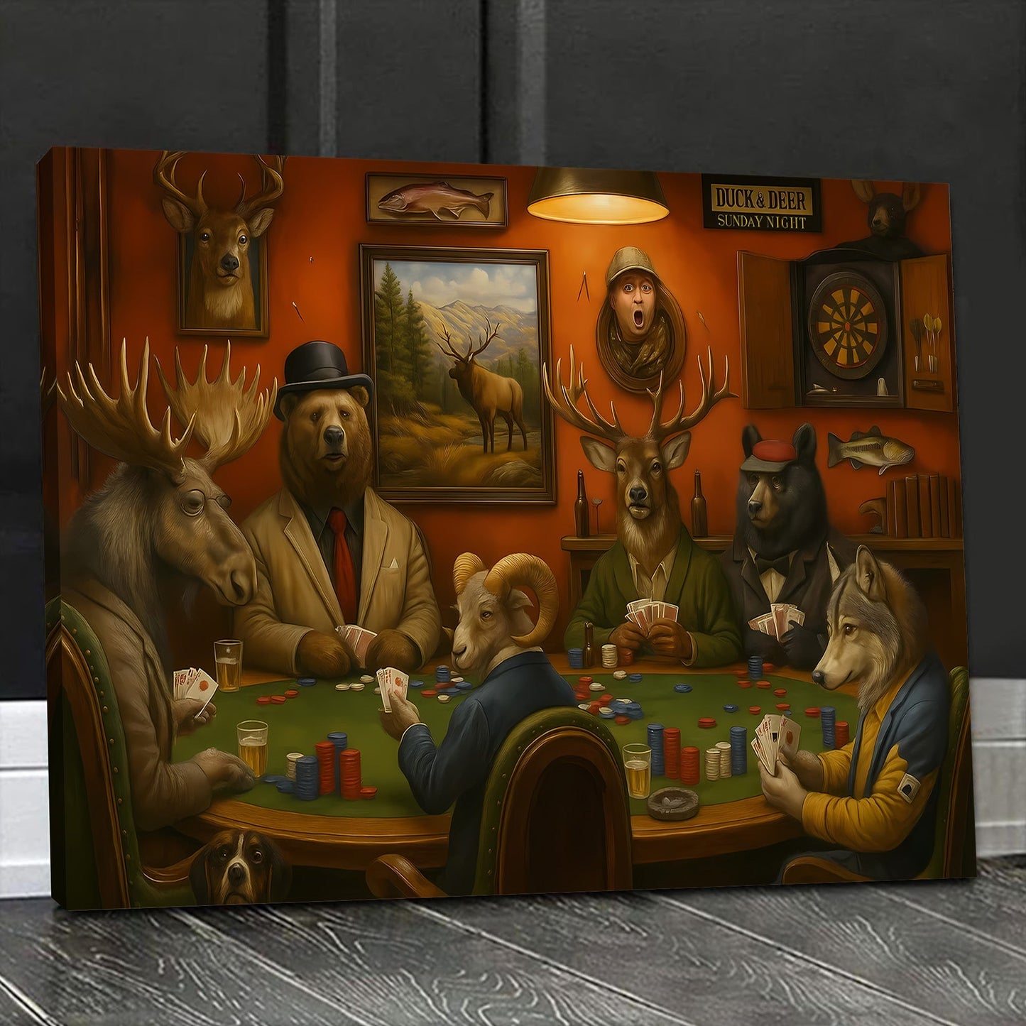Animals Playing Poker Canvas Wall Art, Woodland Lodge Game Room Decor, Moose Bear Deer Wolf Card Night Poster