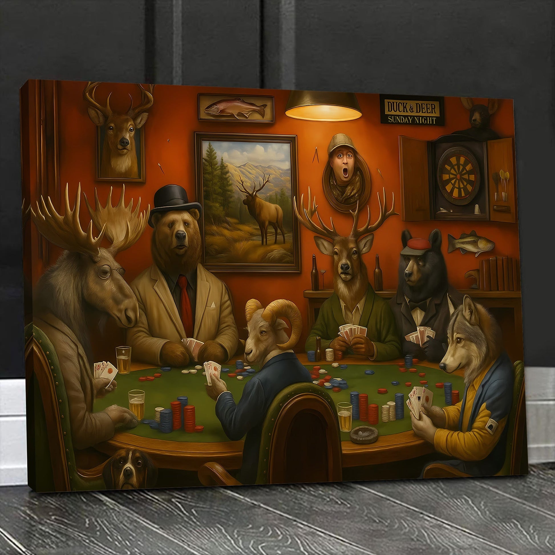 Animals Playing Poker Canvas Wall Art, Woodland Lodge Game Room Decor, Moose Bear Deer Wolf Card Night Poster