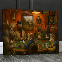 Animals Playing Poker Canvas Wall Art, Woodland Lodge Game Room Decor, Moose Bear Deer Wolf Card Night Poster