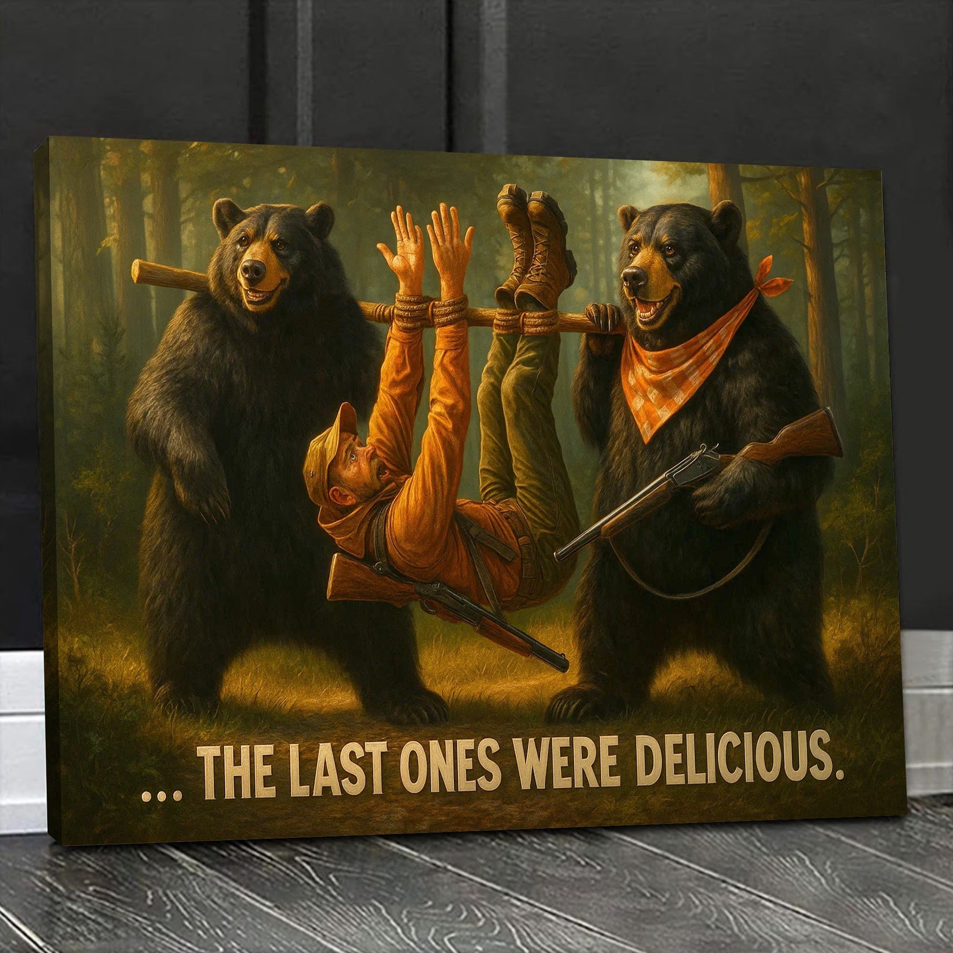 Funny Bear Hunting Canvas Wall Art - Hilarious Wilderness Scene with Hunter - Rustic Cabin and Lodge Decor