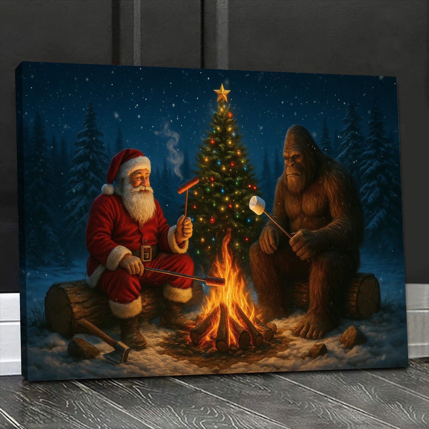 Santa & Bigfoot Sasquatch Campfire Christmas Canvas Wall Art, Funny Winter Forest Scene, Holiday Cabin Decor