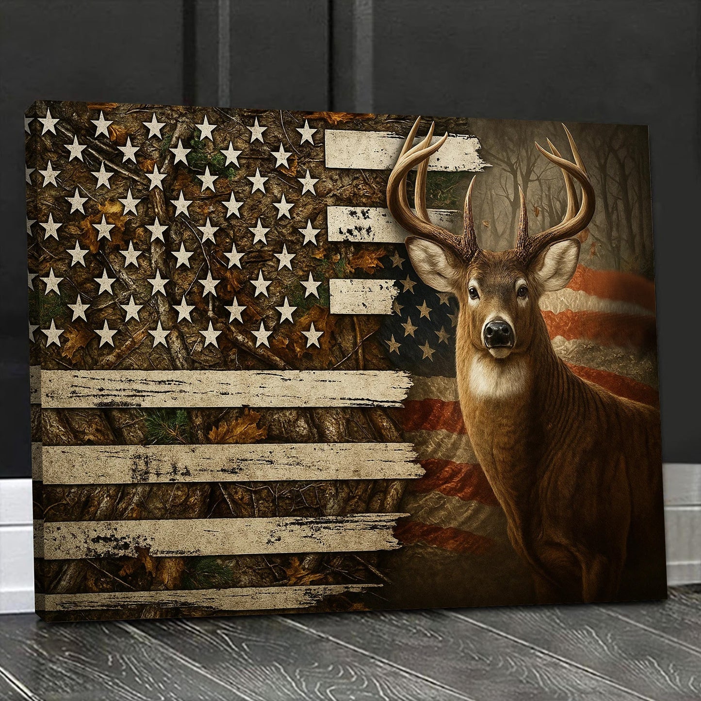 Deer American Flag Canvas, Rustic Patriotic Hunter Wall Art, Camo Buck Print for Cabin or Man Cave Decor