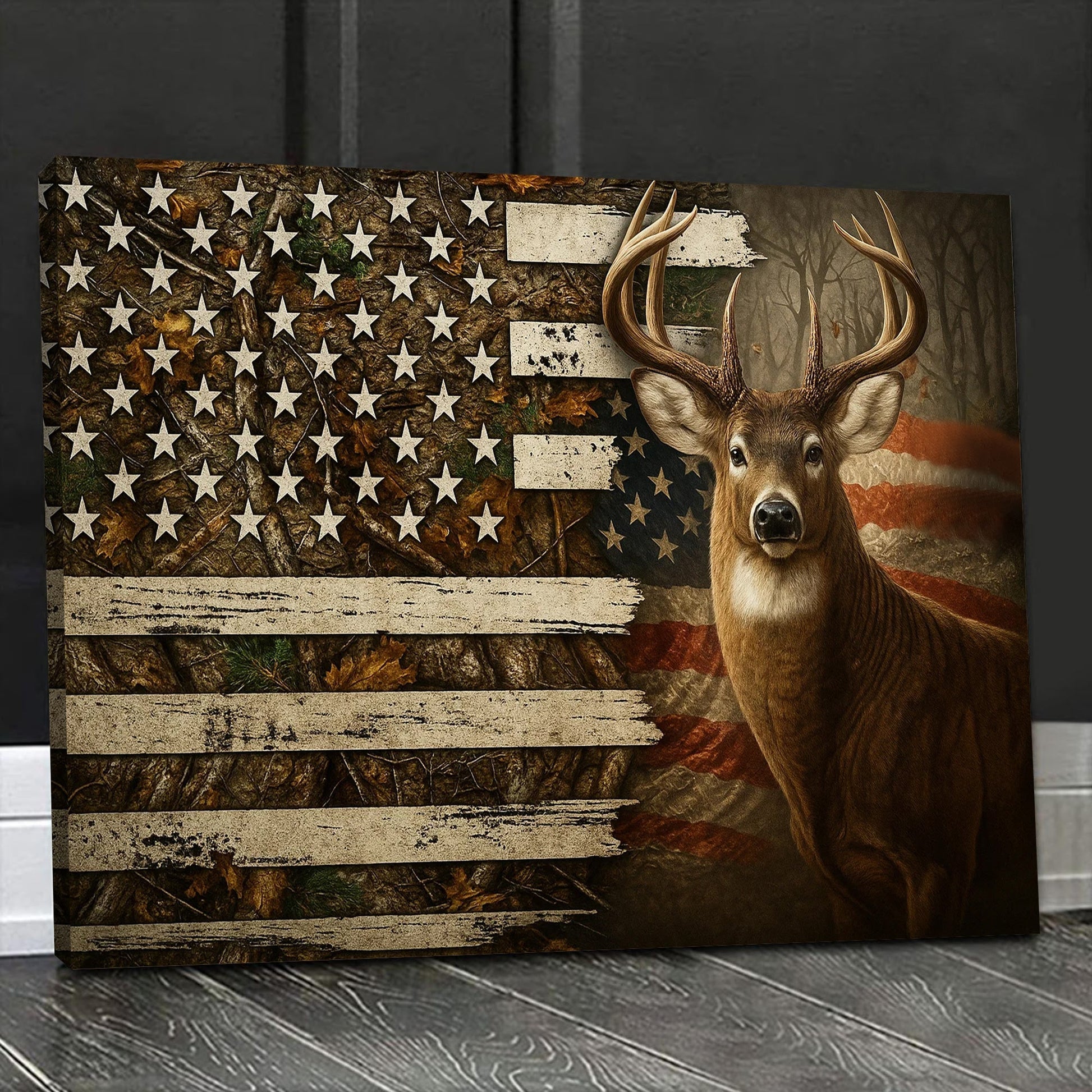 Deer American Flag Canvas, Rustic Patriotic Hunter Wall Art, Camo Buck Print for Cabin or Man Cave Decor