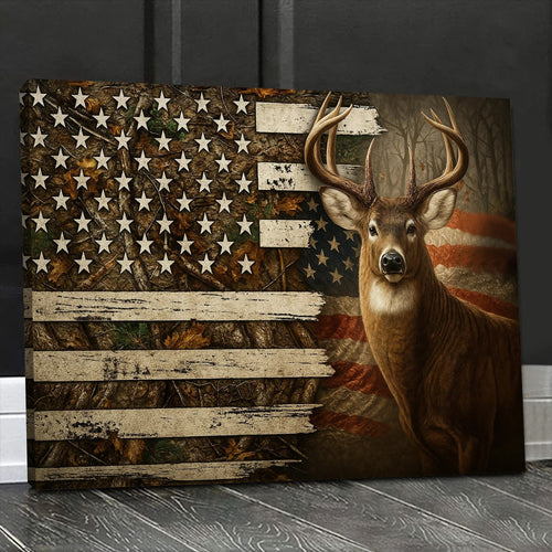 Deer American Flag Canvas, Rustic Patriotic Hunter Wall Art, Camo Buck Print for Cabin or Man Cave Decor