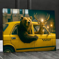 Bear & Deer Riding Yellow Taxi Canvas Wall Art, Funny Wildlife Driving Picture for Game Room & Cabin, Quirky Animal Car 